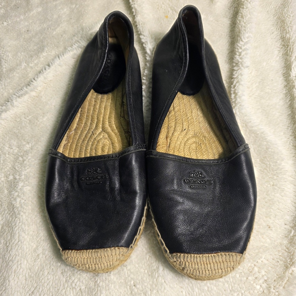 Coach Rhodelle Espadrille Black‎ Leather Logo Flat Women 8.5B Excellent